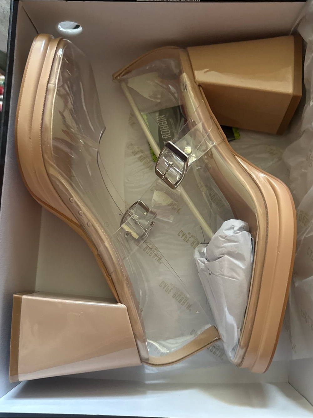 Clear PVC Block Heel Sandals in Nude